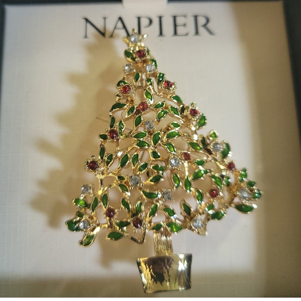 Napier Gold Tone Enamel Rhinestone Christmas Tree Brooch Pin 2.5x1.5 Cottagecore